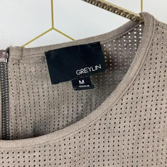 Greylin Taupe Faux Suede Sleeveless Sheath Back Zipper Dress - Size - Medium - Picture 5 of 6